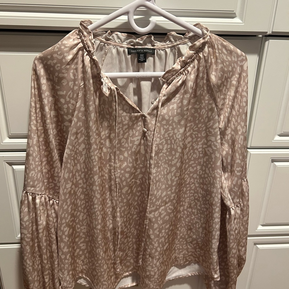 Saks Fifth Avenue Taupe Animal-Print Tie-Neck Blouse